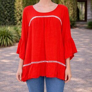 ​Umgee Boho Ruffle Flare Sleeve Top | Coral Orange | Size Large | Lace Details